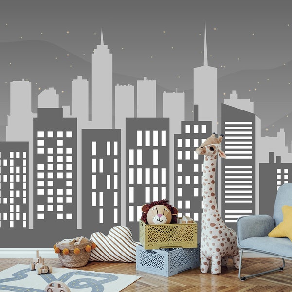 Superhero Night City Wallpaper Boy Nursery, Teen Boy Bedroom Mural, City Scape Wall Kids Playroom, Skyline Décor for Toddler Room