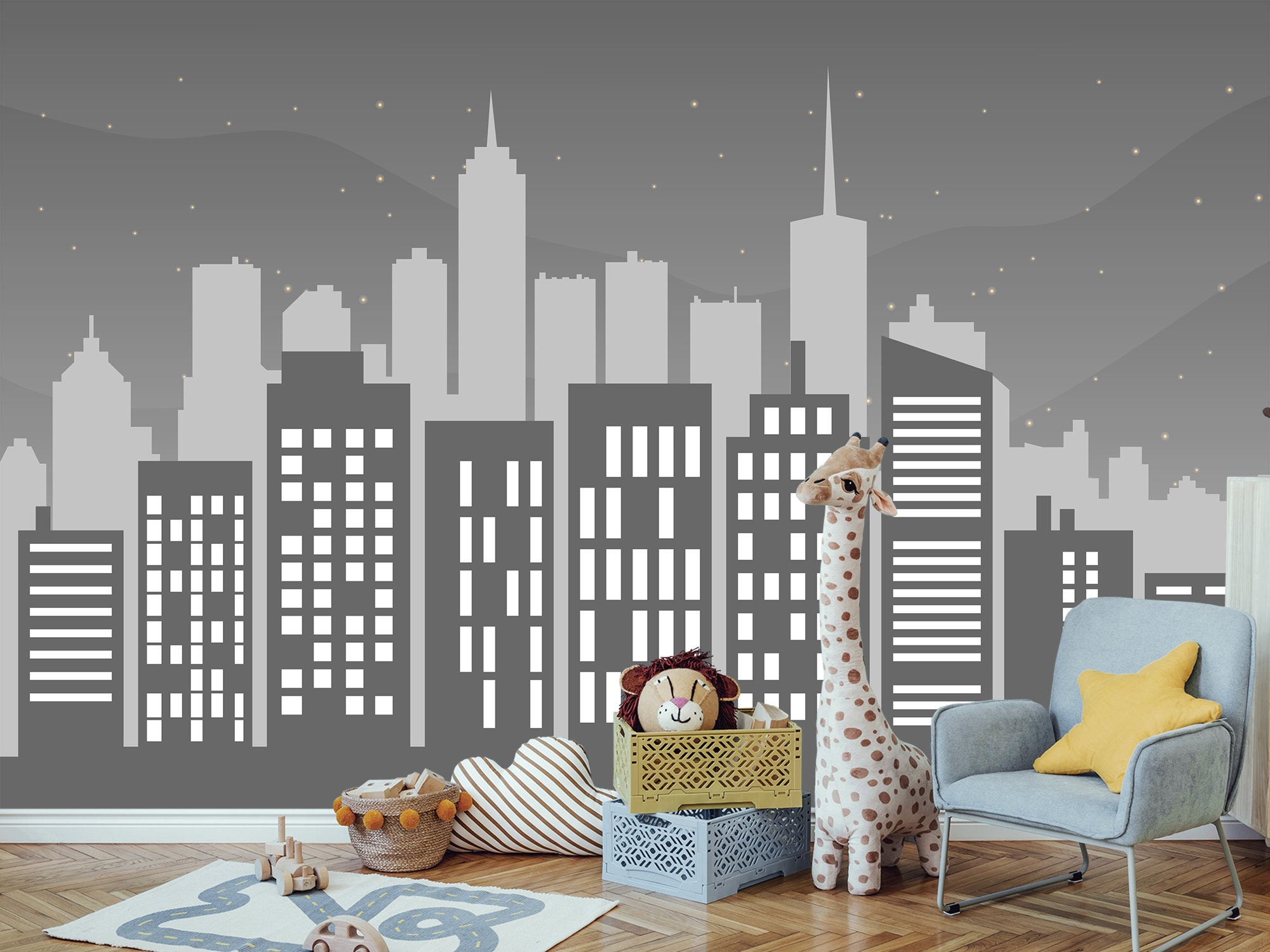 Superhero Night City Wallpaper Boy Nursery, Teen Boy Bedroom Mural, City Scape Wall Kids Playroom, Skyline Décor for Toddler Room