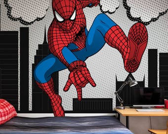 Comic-Style SpiderMan Mural for Kids Room, Large Superhero Peel and Stick Wallpaper, Removable Wallpaper for Nursery