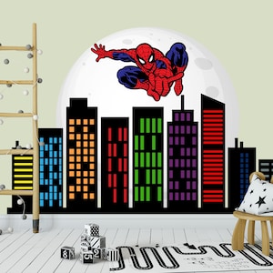 Spiderman Wall Decal for Boys Room, Superhero Wall Sticker, Skyline Vinyl Décor Playroom, City Scape Decal Kids Toddler Nursery