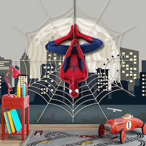 Spiderman Wallpaper Peel and Stick for Boys Room, Superhero Wall Mural Toddler Bedroom, City Wallpaper Kids Playroom, Avengers Decor Nursery
