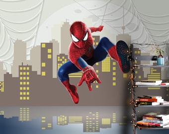 Spiderman City Wall Mural for Boys Room, Superhero Peel and Stick Wallpaper, Comic Skyline Accent Wall, Kids Bedroom Removable Wallpaper