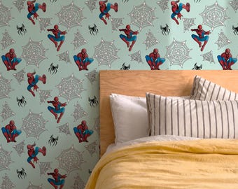 Spiderman Wallpaper, Blue Spider Web Pattern, Superhero Wallpaper for Boys Room, Kids Bedroom Comic Peel and Stick Wallpaper