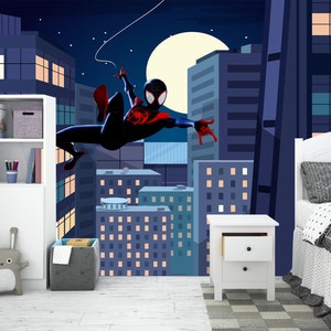 Spiderman Wallpaper Peel and Stick Kids Playroom, Miles Morales Wall Decor Teen Boys Room, Comics Superhero City Art Mural Toddler Bedroom
