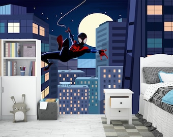 Spiderman Wallpaper Peel and Stick Kids Playroom, Miles Morales Wall Decor Teen Boys Room, Comics Superhero City Art Mural Dormitorio para niños pequeños