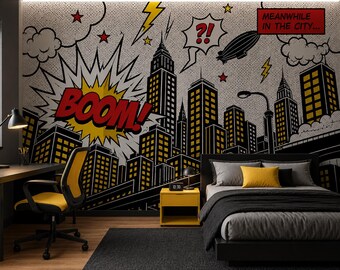 Comic Book City Wall Mural, Boom Pop Art Peel and Stick Wallpaper for Boys Bedroom, Superhero Skyline Wallpaper, Teen Gaming Room Decor