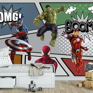 Superhero Wallpaper Boys Bedroom, Avengers Peel and Stick for Kids Room, Spiderman Wall Mural Toddler Playroom, Comics Wallpaper Removable