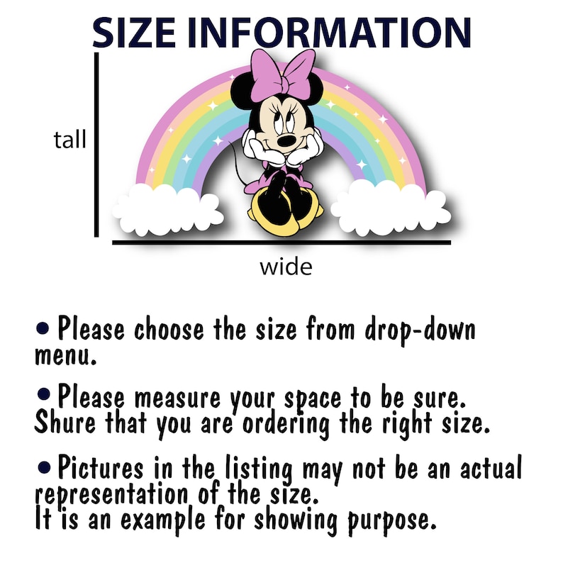 Pode incluir: Um diagrama que mostra como medir a altura e a largura de um adesivo de parede com um rato de desenho animado sentado em um arco-&iacute;ris. O texto diz "SIZE INFORMATION" e inclui instru&ccedil;&otilde;es para escolher o tamanho em um menu suspenso e para medir o espa&ccedil;o para garantir que voc&ecirc; est&aacute; pedindo o tamanho correto. O texto tamb&eacute;m indica que a imagem &eacute; um exemplo para fins de demonstra&ccedil;&atilde;o.