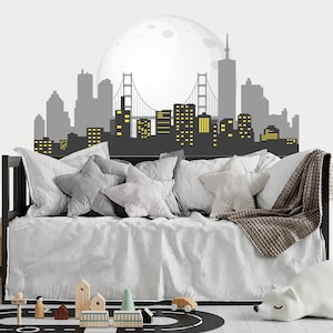 City Scape Superhero Wall Decal Boys Bedroom - Skyline with  Bridge Wall Sticker Kids Playroom - Superhero Decor Nursery and Toddler Room