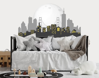 City Scape Superhero Wall Decal Boys Bedroom - Skyline with  Bridge Wall Sticker Kids Playroom - Superhero Decor Nursery and Toddler Room