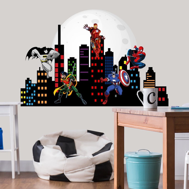 Superhero Wall Sticker Boys Bedroom City Skyline Art Decor Etsy