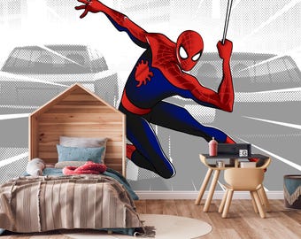Comics Superhero Wallpaper for Kids Room, Spiderman Peel and Stick Wall Mural, Self-Adhesive Non-Woven Nursery Decor