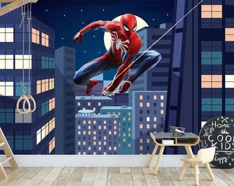 Spiderman Wallpaper Boys Room, Peel and Stick Kids Mural,  Superhero Wallpaper, Teen Boy Room Decor, Cityscape for Toddler Bedroom