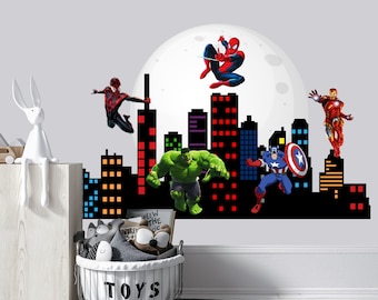 Superhero Wall Decal Boys Nursery, Spiderman Décor Toddler Bedroom, Cityscape Kids Room Sticker, Cityscape Vinyl  Decoration for Playroom