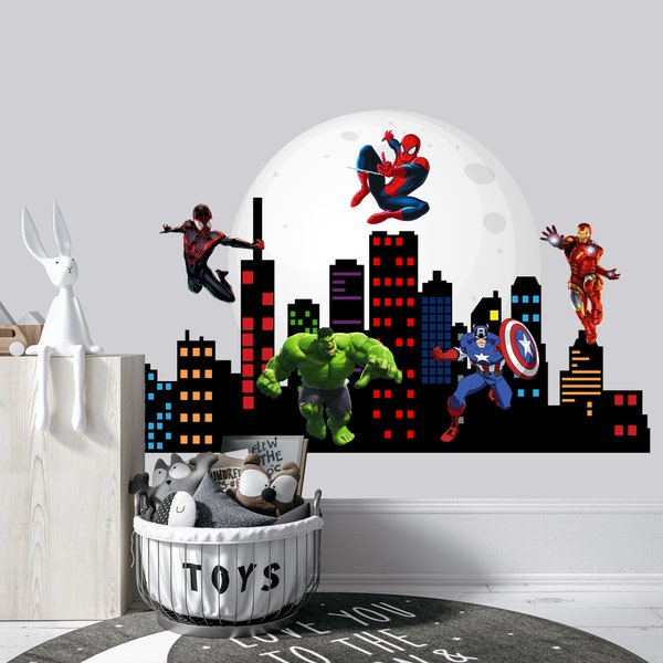 Superhero Wandtattoo Jungen Kinderzimmer, Spiderman Dekor Kleinkind Schlafzimmer, Stadtansicht Kinderzimmer Aufkleber, Stadtansicht Vinyl Dekoration für Spielzimmer