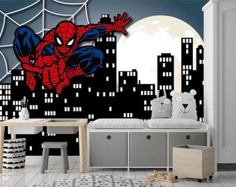 Spiderman Wallpaper Peel and Stick for Boys, Comics Avengers Teen Room, Vinyl Wall Art Decor Kids Playroom, Night Cityscape Mural Toddler