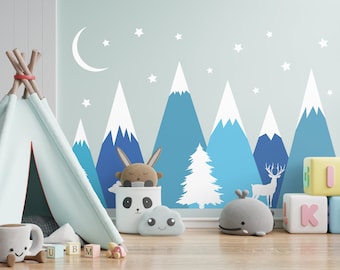 40% OFF Giant Kids Wall Decal, Nature Wall Sticker, Large Mountain Wall Mural for Nursery, Moon And Stars Decal For Kids Room, Gift For Kids