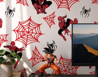 Spiderman Wallpaper, Spider Web Pattern Wallpaper, Superhero Wallpaper for Boys Room, Gaming Room Decor, Peel and Stick Wallpaper