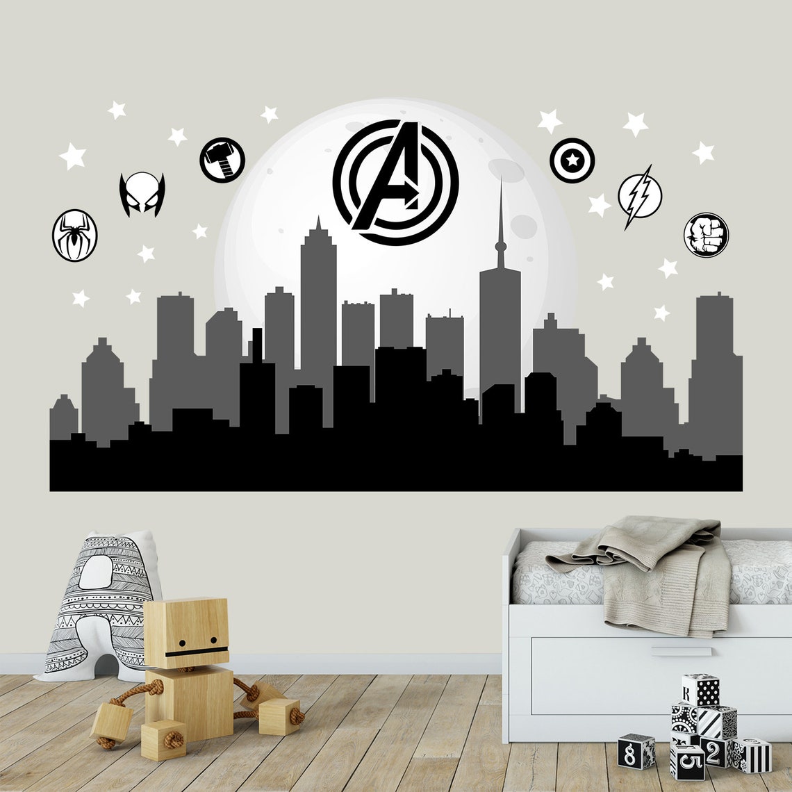 Superhero Avengers Wall Decal Boy Bedroom. Cityscape Teen Boys Etsy