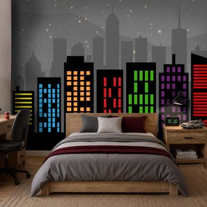 Comic City Skyline Wall Mural for Boys Room, Colorful Building Peel and Stick Wallpaper, Modern Teen Bedroom Accent Wall Decor