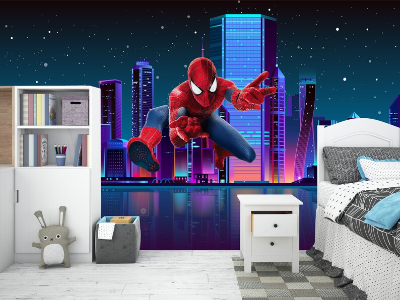 Superhero Wall Mural Peel and Stick for Kids Room, Spiderman Wallpaper ...