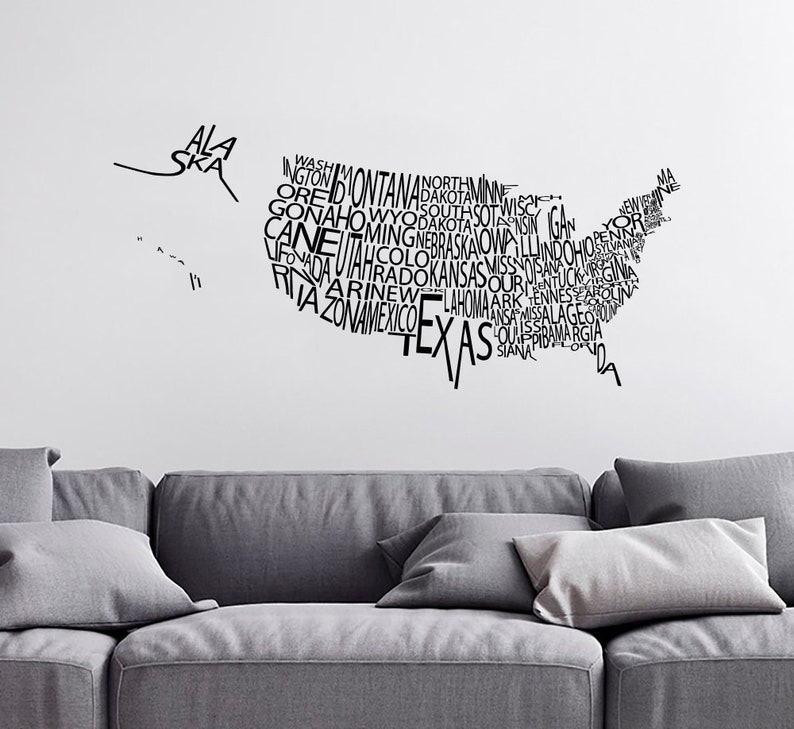 United States US Map Wall Decals Country Words Wall Vinyl Etsy