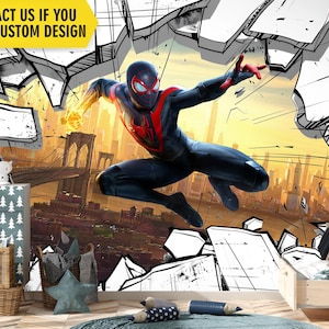 3D Miles Morales Broken Wall Mural, Comics City Spiderman Wallpaper, Boy Bedroom Wall Decor, Superhero  Peel and Stick Kids Room Wall Art