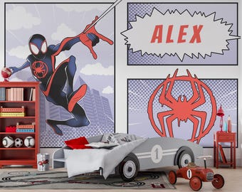 Personalized Name Miles Morales Peel and Stick Wallpaper, Spiderman Boy Room Wall Mural, Custom Superhero Comic Nursery Wall Decor