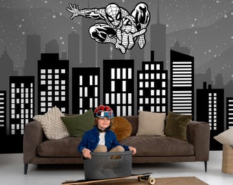 Spiderman City Skyline Wall Mural for Boys Room, Superhero Peel and Stick Wallpaper, Black and White Comic Nursery Decor, Kids Accent Wall