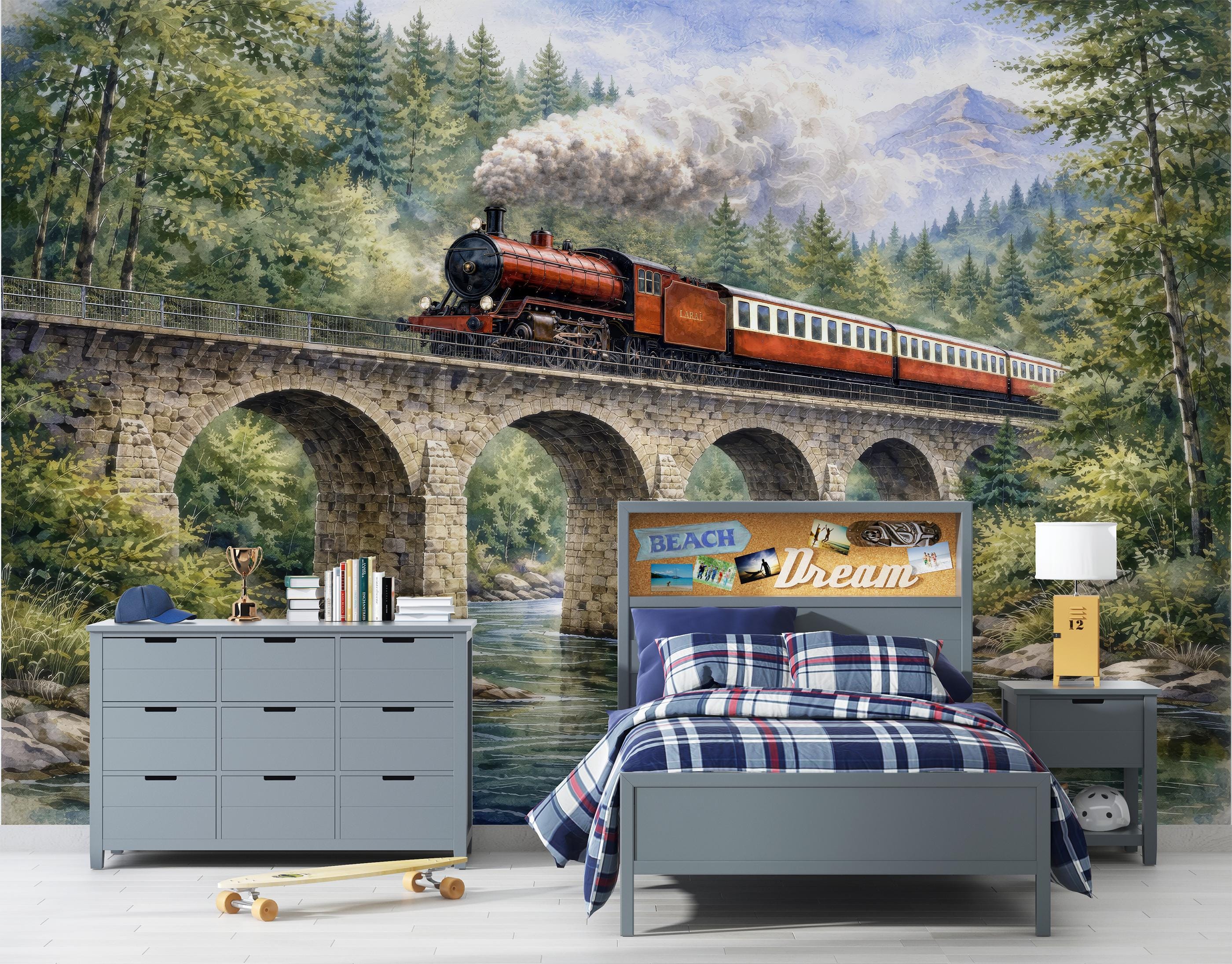 Vintage Train Wallpaper Mural for Boys Room, Locomotive Peel and Stick ...