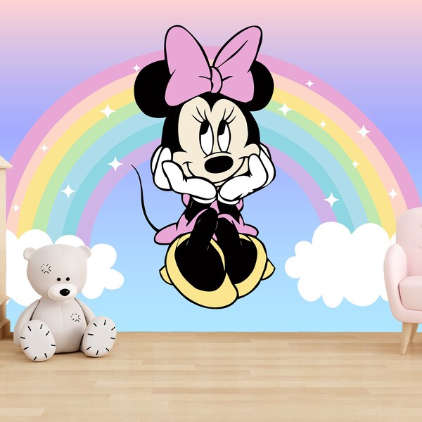 Rainbow Peel And Stick Wallpaper, Clouds Ombre Kids Wallpaper For Nursery, Pink Mickey Mouse Wallpaper For Girl Room, Pink Mural For Bedroom