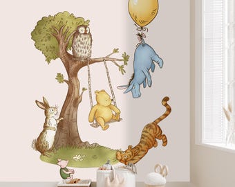 Nursery Winnie the Pooh and Friends on Tree Wall Decal, Peel & Stick Kids Room Sticker, Cute Children's Bedroom Wall Art