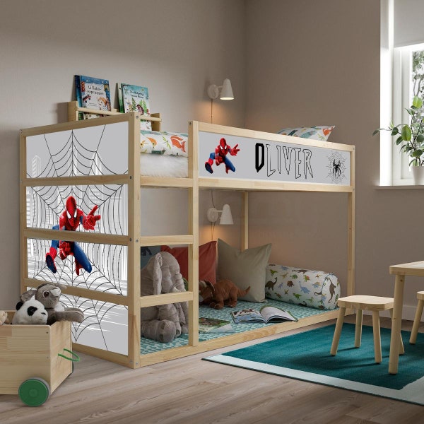 Autocollants de lit Spiderman Kura personnalisés - Autocollants de lit Ikea Kura de super-héros pour chambre de garçon - Décor à peler et coller pour lit de tout-petit - Nom de garçon