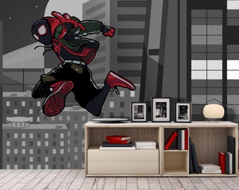 Comics Superhero Black & White Cityscape Mural Toddler Bedroom, Miles Morales Wall Decor Teen Boys Room, Spiderman Wallpaper Peel and Stick