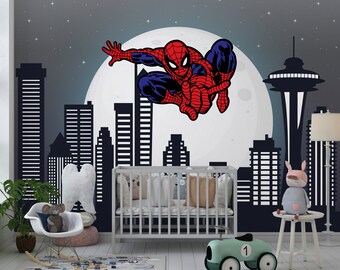 Fondo de pantalla de Spiderman para la habitación de los niños, mural de cáscara y palo de superhéroe, decoración de la pared del paisaje urbano nocturno, mural para la guardería, regalo para el dormitorio del niño