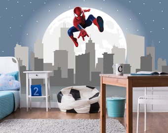 Papier peint super-héros pour chambre à coucher, papier peint Spiderman pour chambre d'enfant, décoration Spiderman pour chambre d'enfant, décoration murale ville