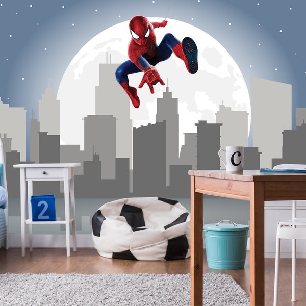 Papier peint super-héros pour chambre à coucher, papier peint Spiderman pour chambre d'enfant, décoration Spiderman pour chambre d'enfant, décoration murale ville