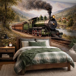 May include: A bedroom with a wooden bed frame, a green and white plaid comforter, and a green throw blanket. A mural of a vintage green train on a track in a landscape scene is on the wall behind the bed. A wooden nightstand with a lamp and clock is on the left.