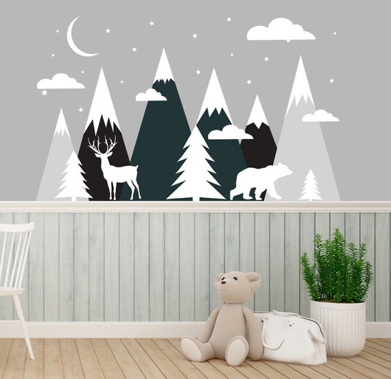 Mountains Wall Decal Nursery Kid, Decor for Kids Room, Peel and Stick Wall  Sticker Baby Room, Bear and Deer Moon Srars Pine Trees