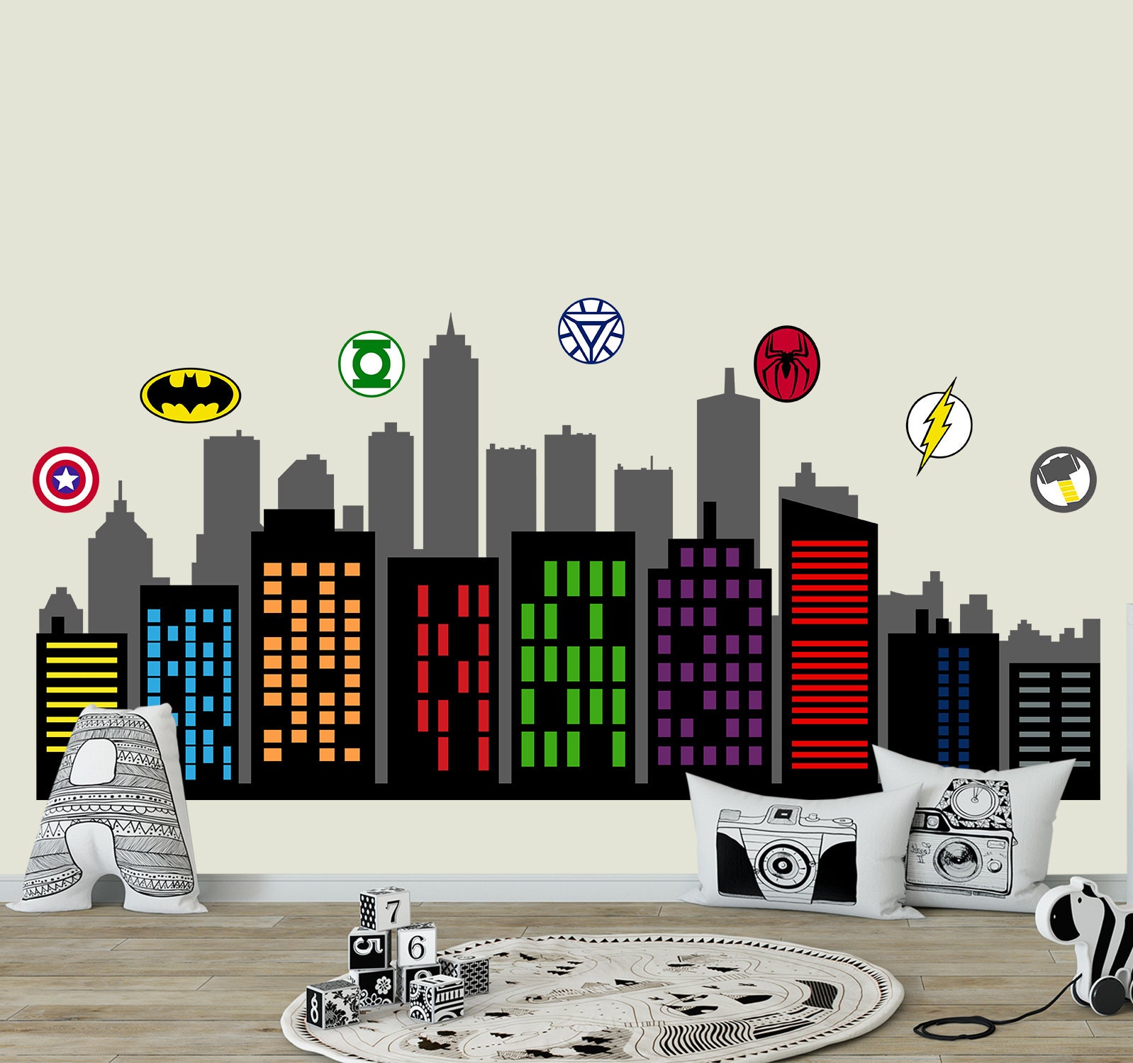 Superhero Mural Wall Art City Wall Decal Kids Room Super Etsy
