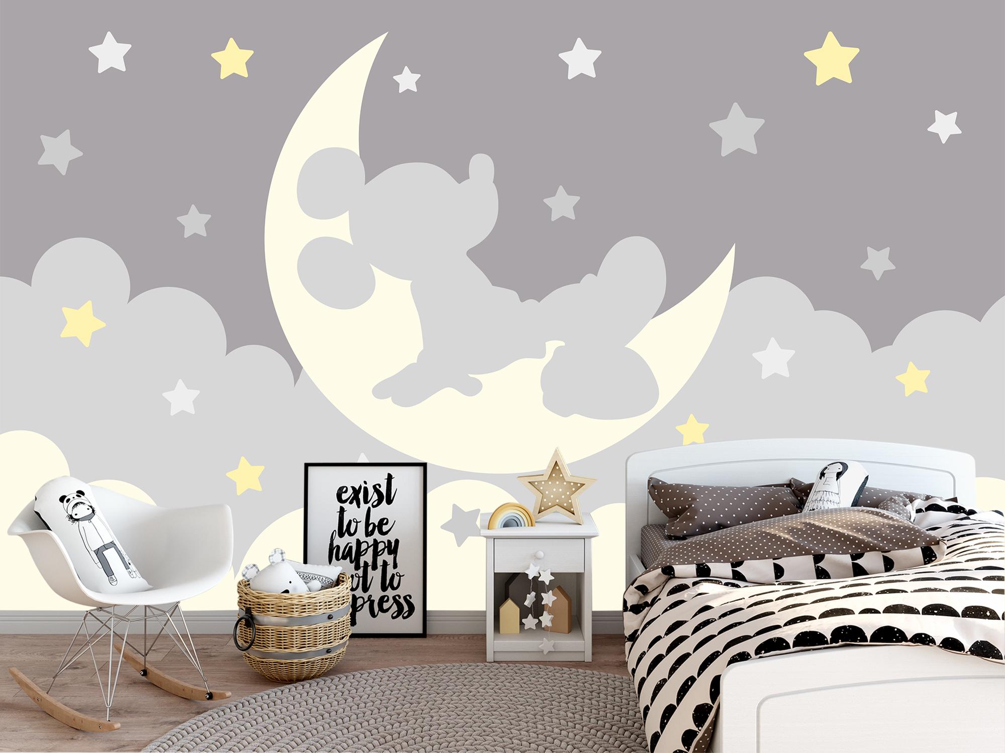 Mickey Mouse Soft Gray Wallpaper For Bedroom, Modern Moon and Stars Kids Room Wall Decor, Nursery Mickey Wall Paper Removable Peel And Stick