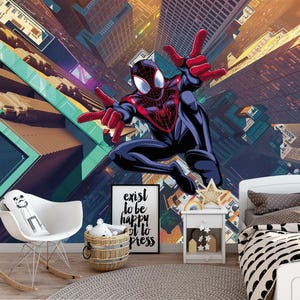 Miles Morales SpiderMan Wallpaper, City Wall Mural for Boy Room, Spiderman Peel and Stick Wall Decal, Nursery Comics Wall Decor, Removable