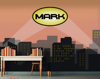 Personalized Superhero Wall Mural, Custom Name City Wallpaper, Superhero Kids Room Decor, Boys Bedroom Wallpaper, Comic City Mural