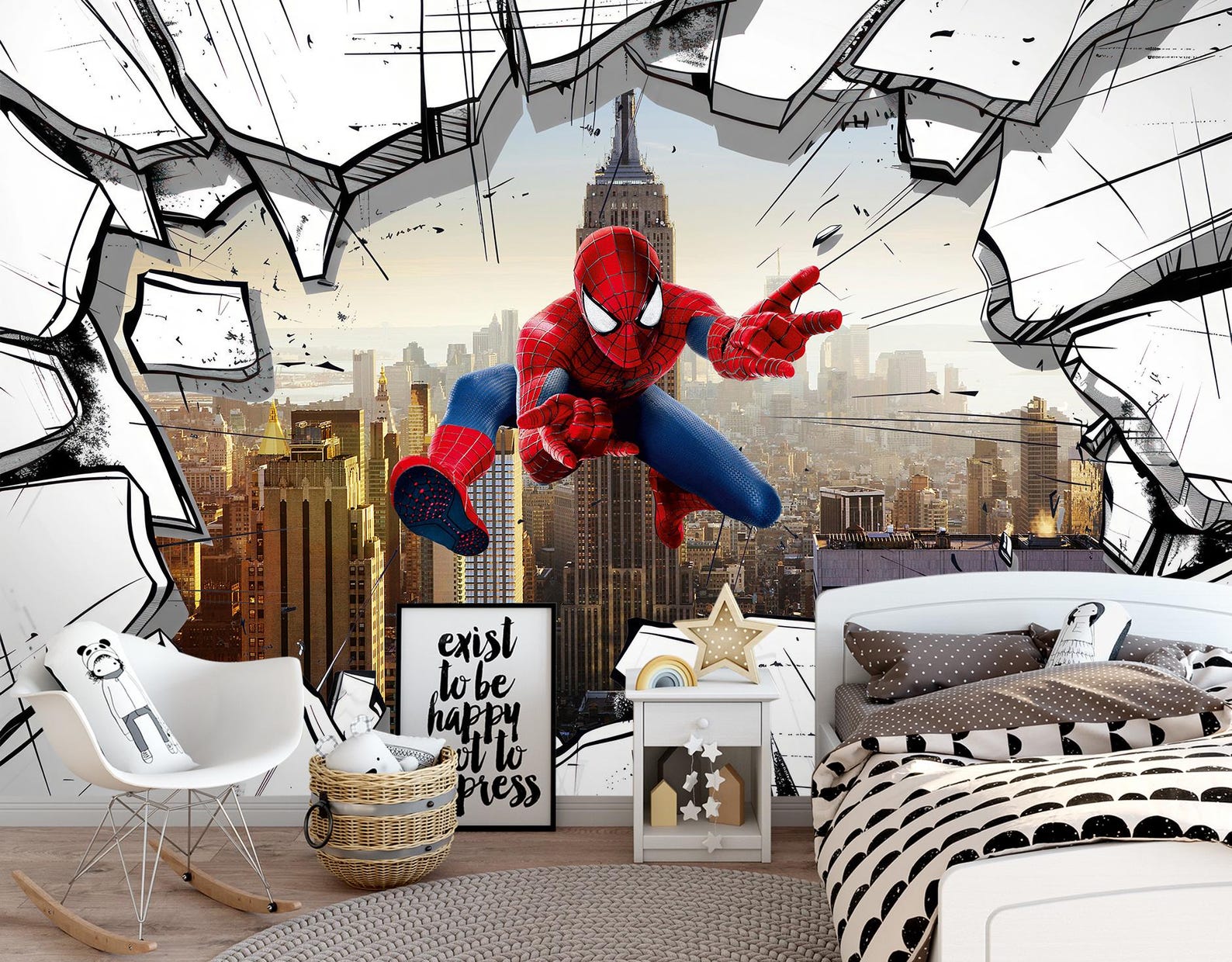 3D Spiderman Wallpaper for Boy Bedroom, Skyline Superhero Wall Mural