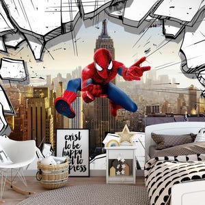 3D SpiderMan Wallpaper for Boy Bedroom, NYC Skyline Superhero Wall Art, Kids Room Decor, Comic Book Wall Mural, Super hero Wall paper