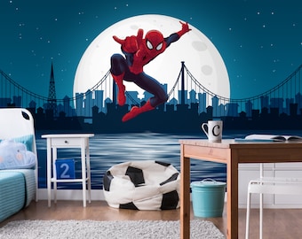 Spiderman Wallpaper for Boys Room, Night City Skyline Art Mural Kids Bedroom, Comics Wall Decor Toddler Boy Nursery, Moon Decor Playroom