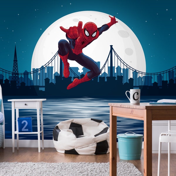 Spiderman Wallpaper for Boys Room, Night City Skyline Art Mural Kids Bedroom, Comics Wall Decor Toddler Boy Nursery, Moon Decor Playroom