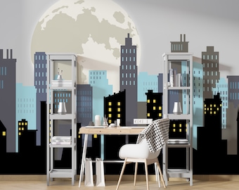 Spiderman Wallpaper for Kids Bedroom, Moon and Cityscape Peel and Stick Mural, Superhero Wall Decal, Mural For Nursery, Gift for Boy Room