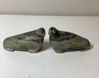 Vintage Inuit Walrus Carving Signed Pair
