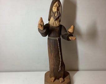 Vintage 28" Signed Ortega Saint Francis Carved Sculpture Statue